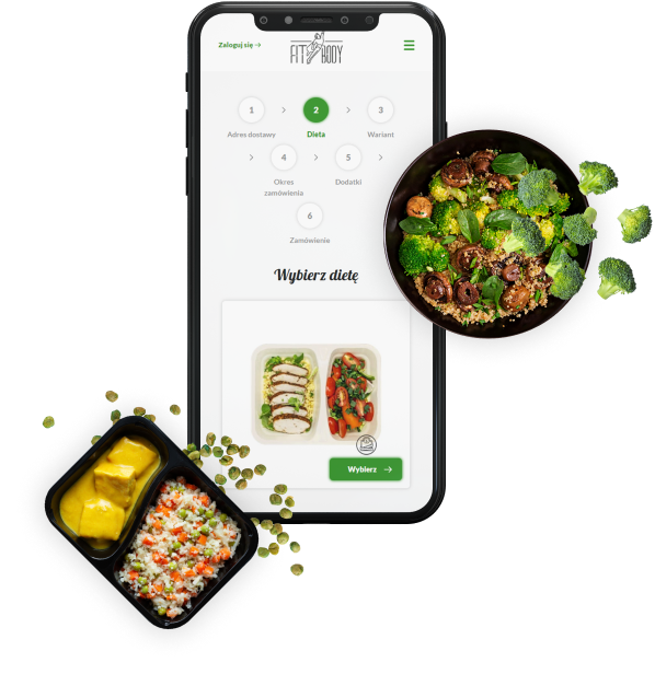 grafika z potrawami i screenem z wyborem diety pudełkowej