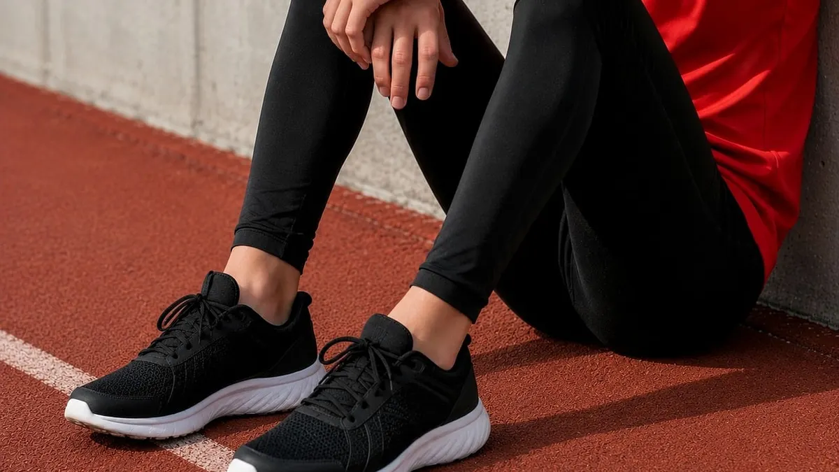 Buty biegowe i zmęczone nogi po treningu na bieżni