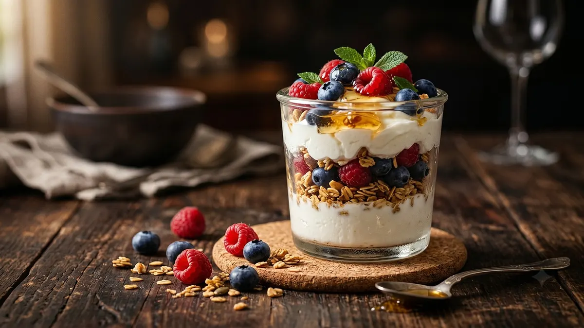 Fit deser ze skyru i mascarpone z owocami w szklanym pucharku