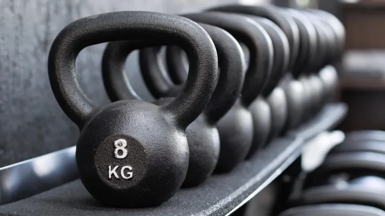 Odważnik kettlebell na podłodze przygotowany do treningu siłowego w domu